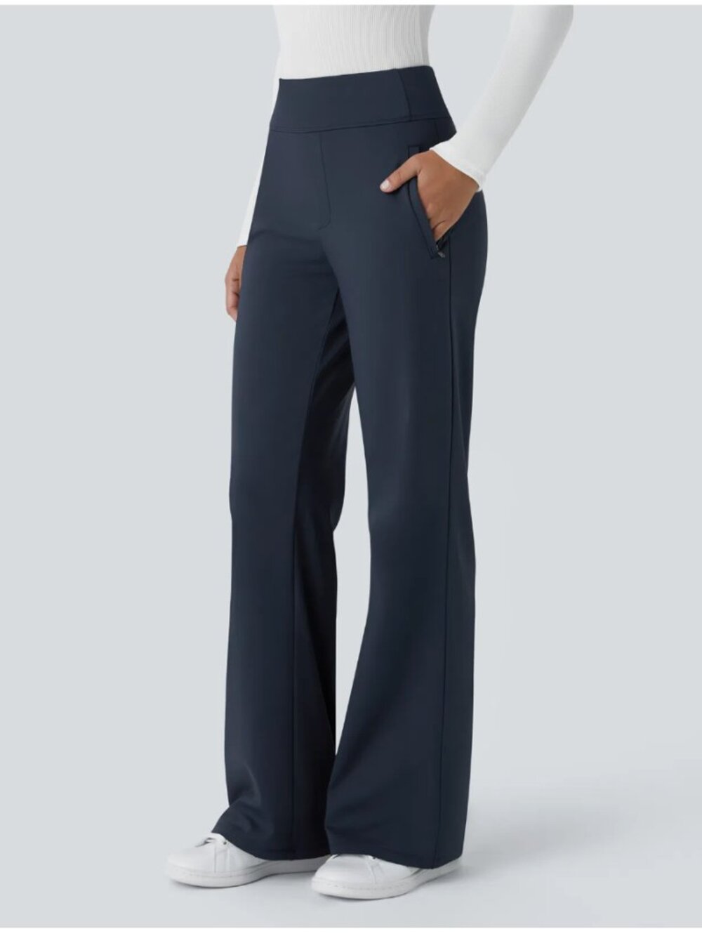 Halara Navy Flex DayStretch Mid Rise Side Zipper Pocket Work Flare Pants